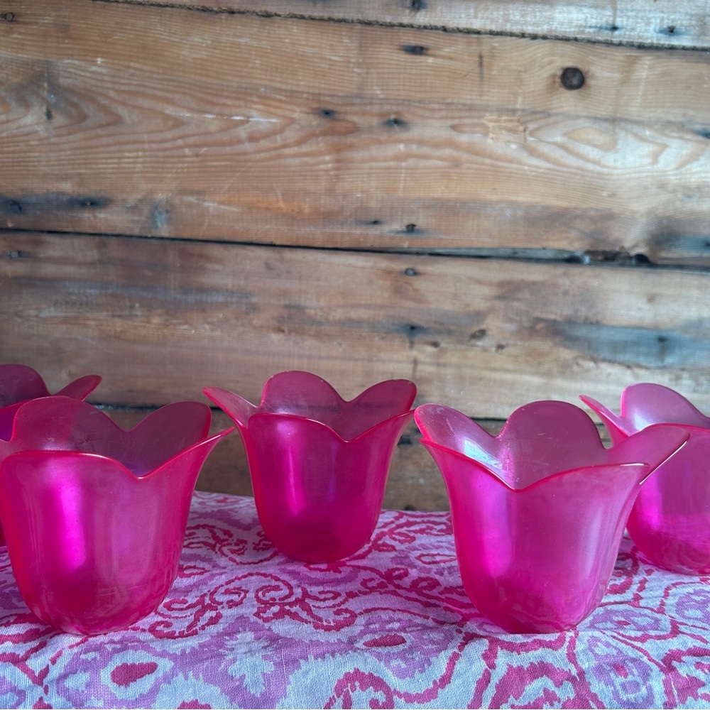 Vintage Mid Century Cranberry Pink Frosted Art Glass Lotus Tulip Bowls Set of 5